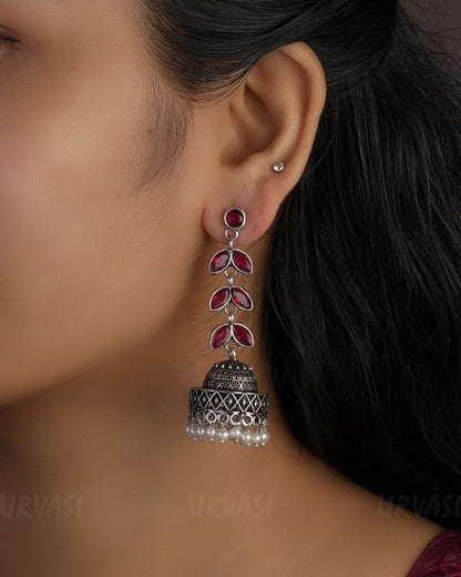 Leaf Designed Oxidised Silver Pearl Earrings ER 752