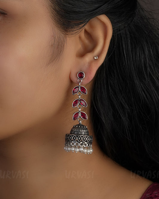 Leaf Designed Oxidised Silver Pearl Earrings ER 752