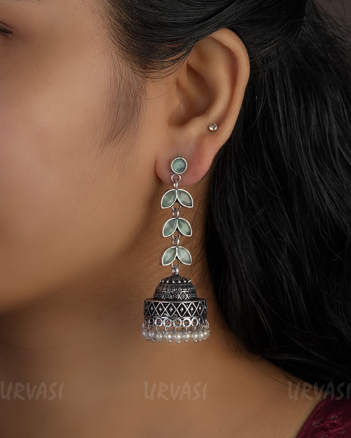 Leaf Designed Oxidised Silver Pearl Earrings ER 752