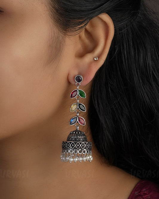 Leaf Motif Oxidised Silver Jhumka Earrings ER 496