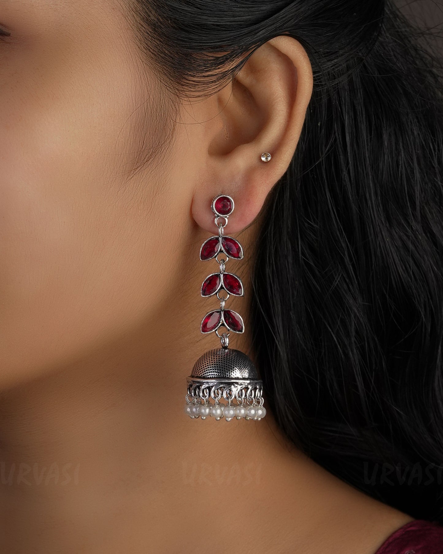 Leaf Motif Oxidised Silver Jhumka Earrings ER 497