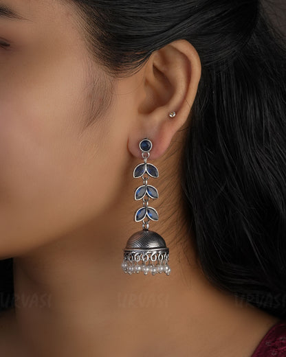 Leaf Motif Oxidised Silver Jhumka Earrings ER 497