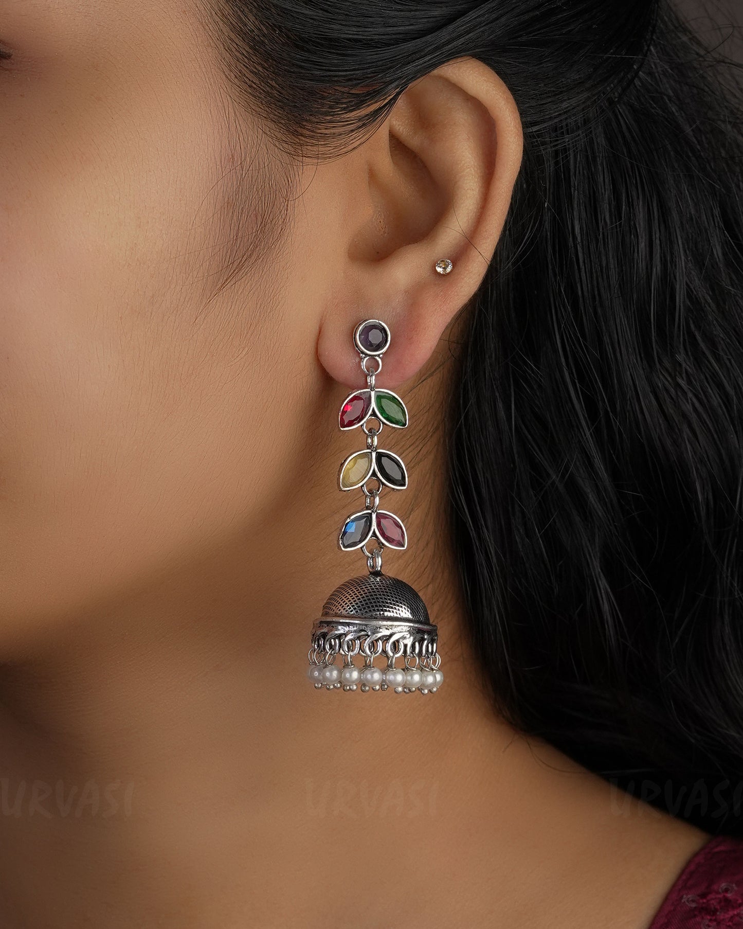 Leaf Motif Oxidised Silver Jhumka Earrings ER 497