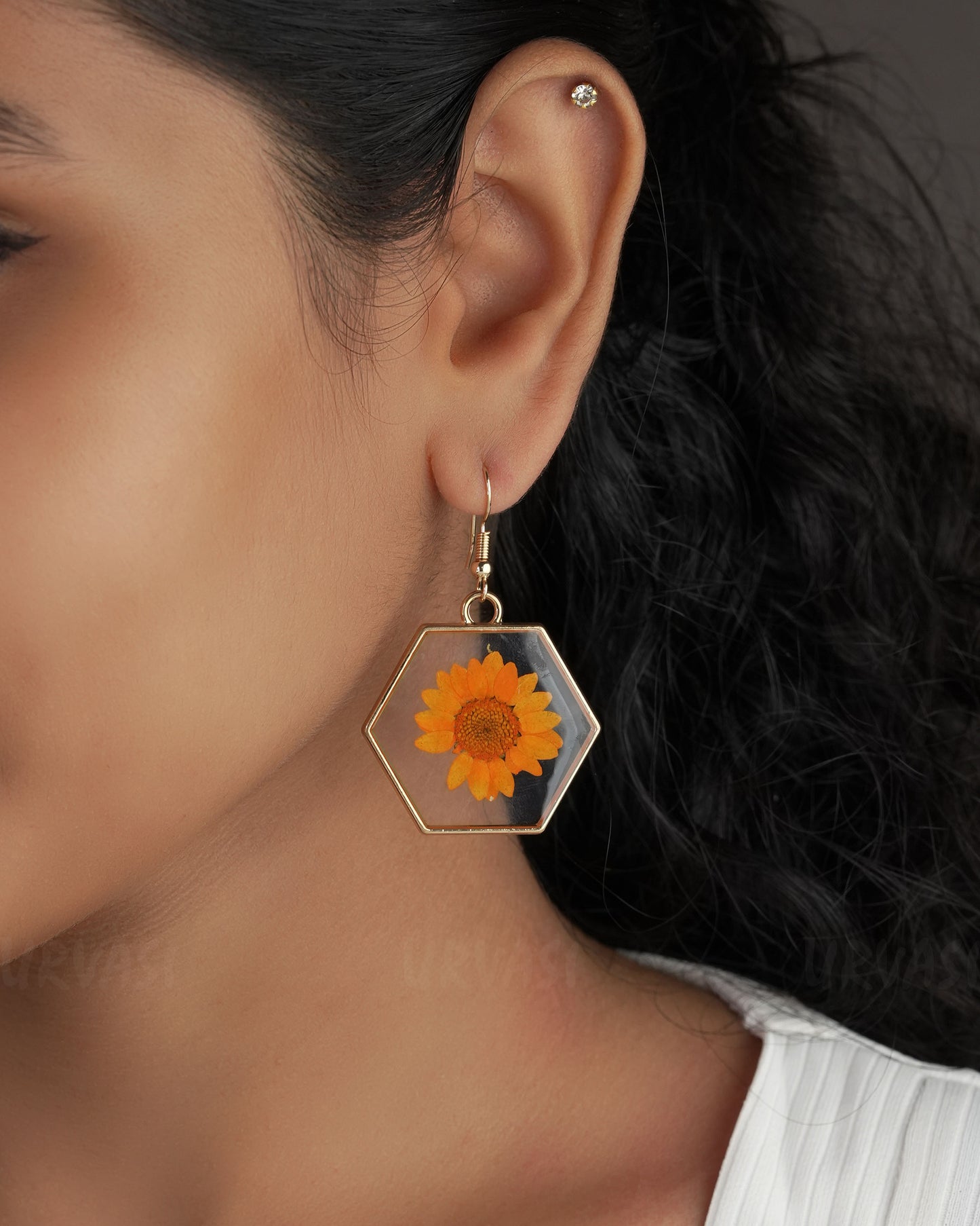 Gold-Toned Resin Handmade Hexagonal Daisy Earrings ER 517