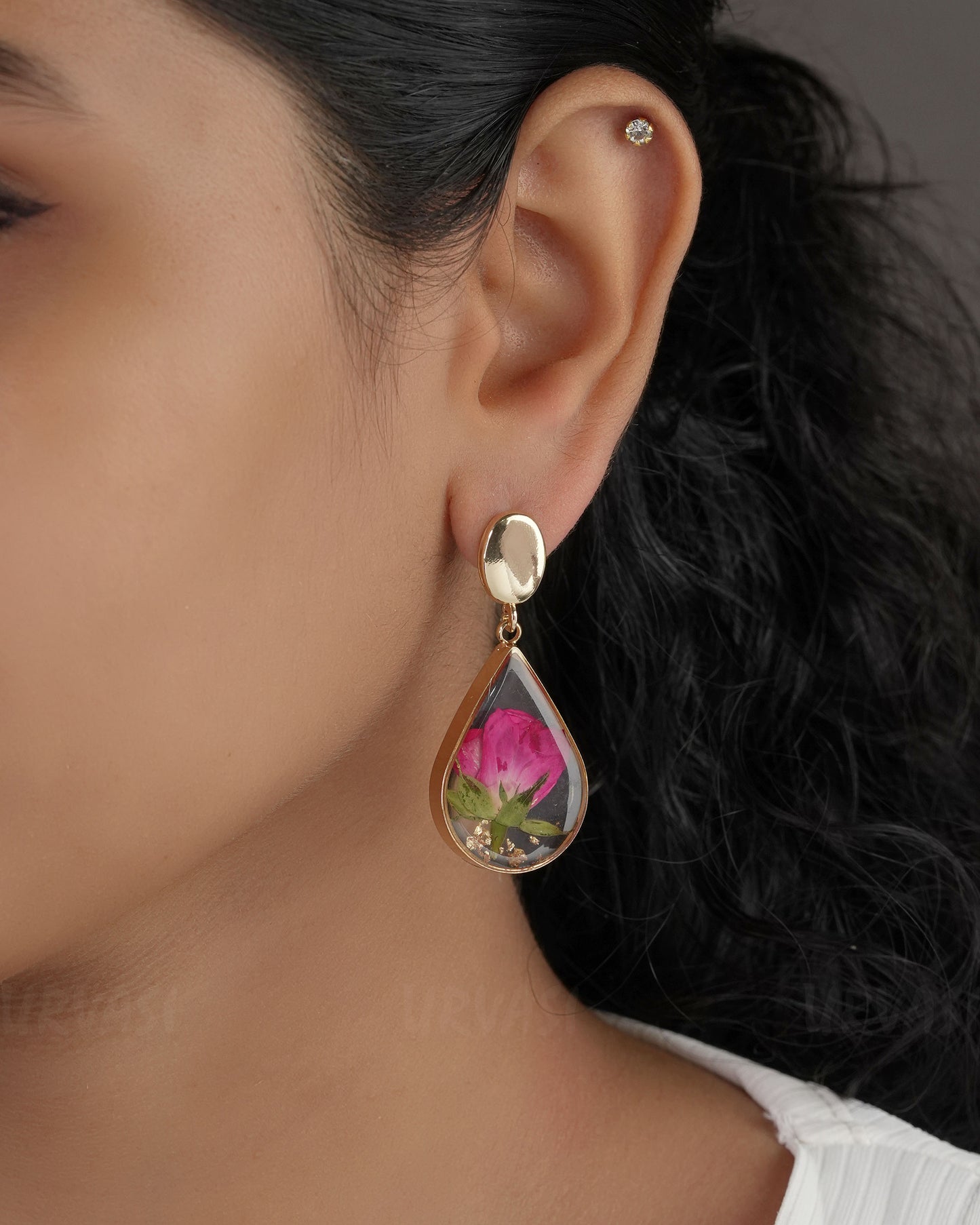 Gold Polish Resin Handmade Rose Tear Drop Earrings ER 524