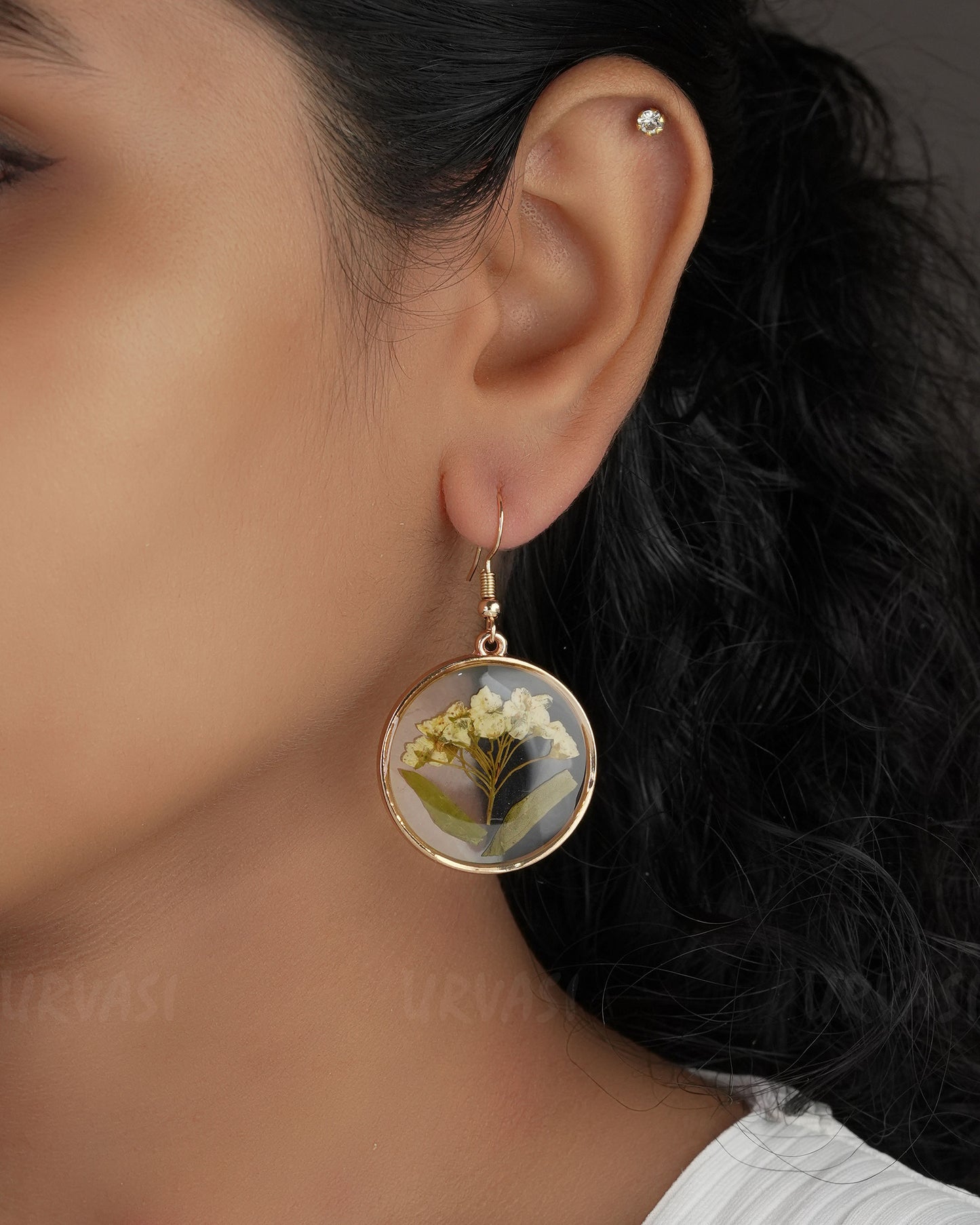 Gold Polish Resin Handmade floral Hanging Earrings ER 531
