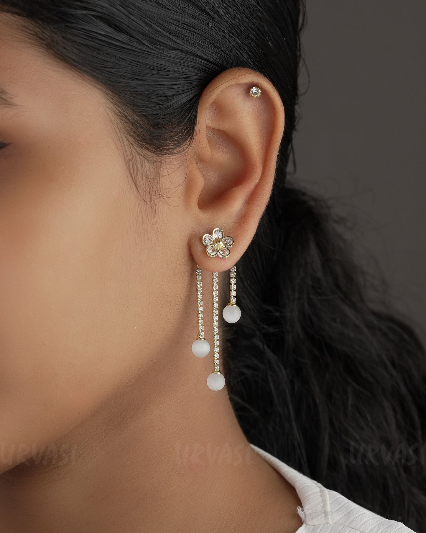 Gold-toned Floral Jacket Monalisa Stone Earrings ER 564