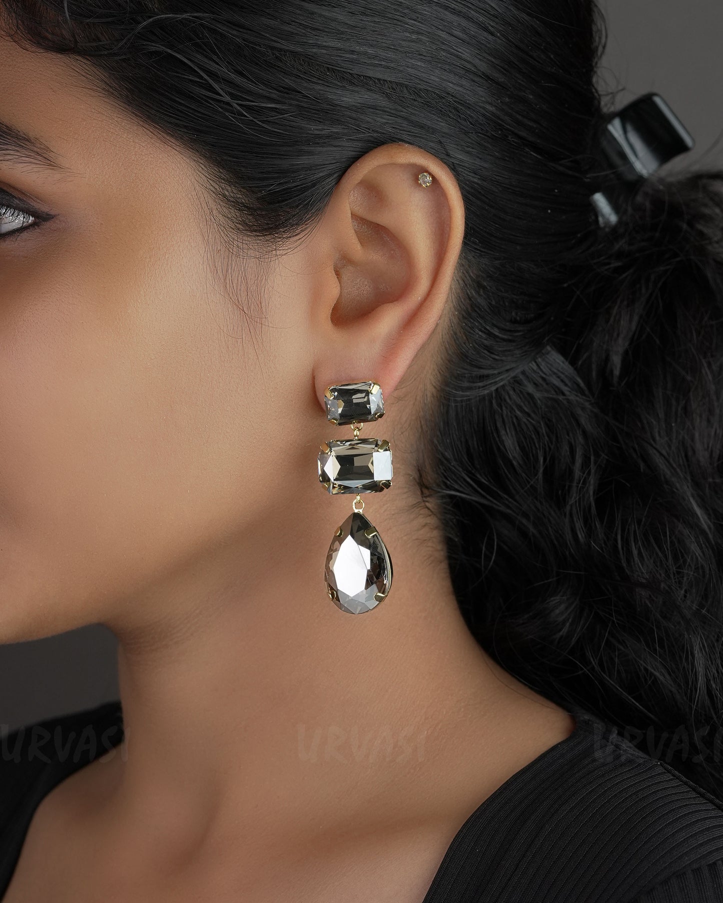 Gold-Toned Crystal eardrum Faceted and Tear-Drop Shaped  Earrings ER 542