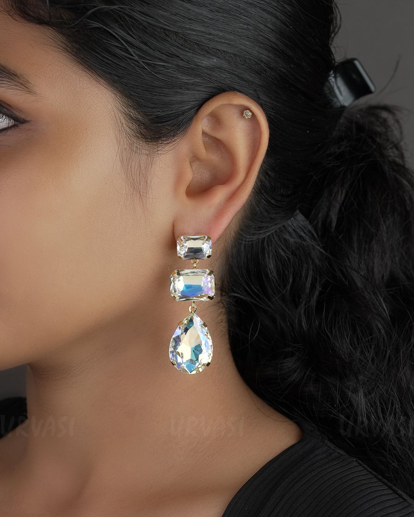 Gold-Toned Crystal eardrum Faceted and Tear-Drop Shaped  Earrings ER 542