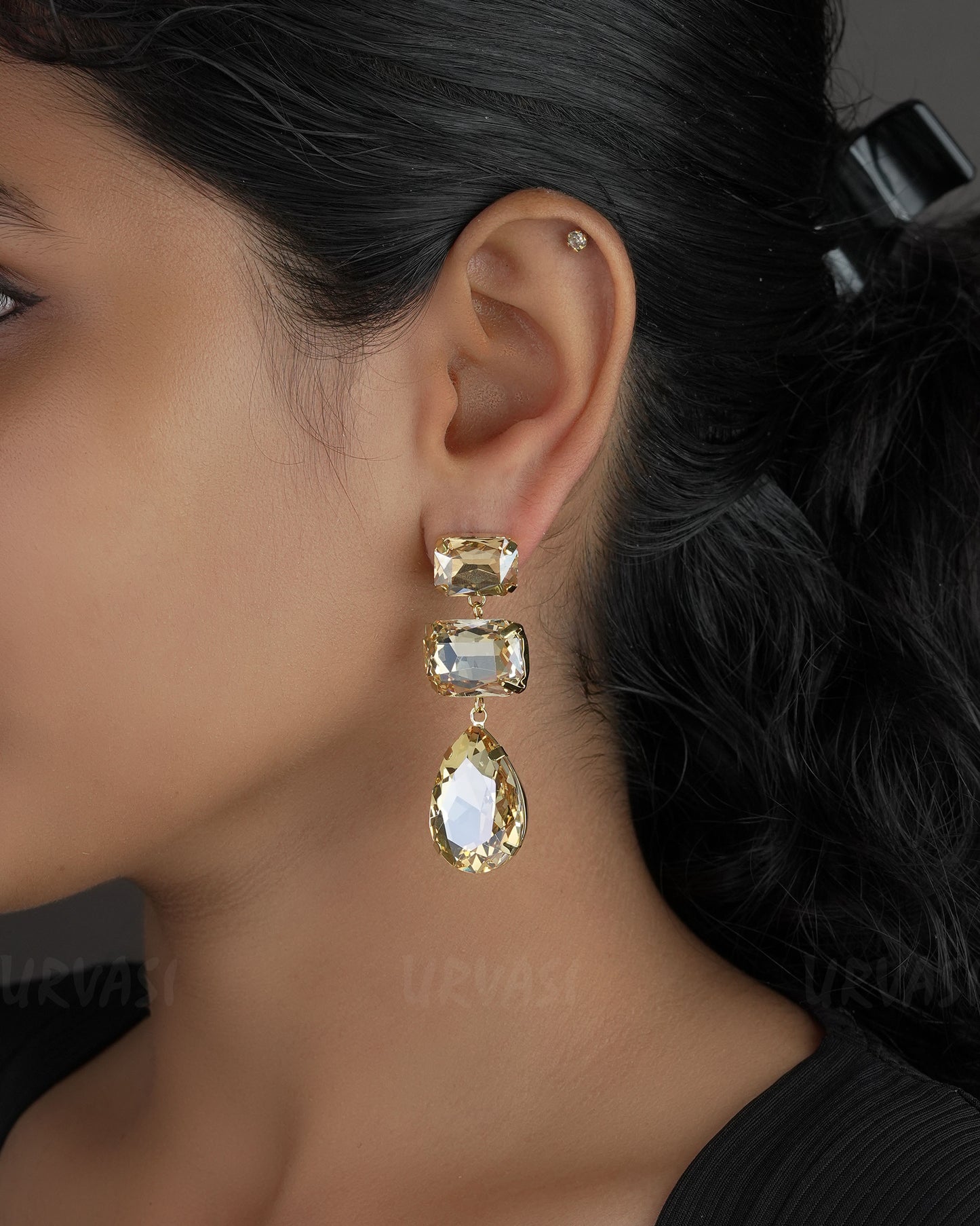 Gold-Toned Crystal eardrum Faceted and Tear-Drop Shaped  Earrings ER 542