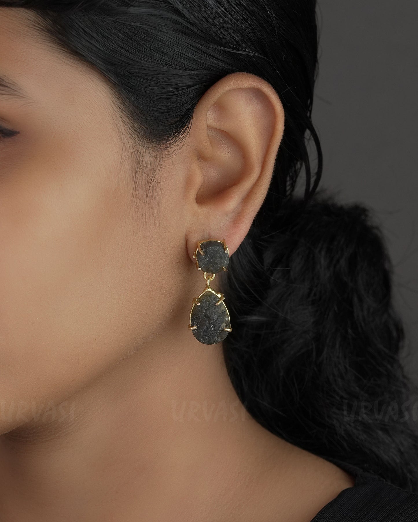 Gold-Toned Raw Stone Tear Drop Brass Earrings ER 718