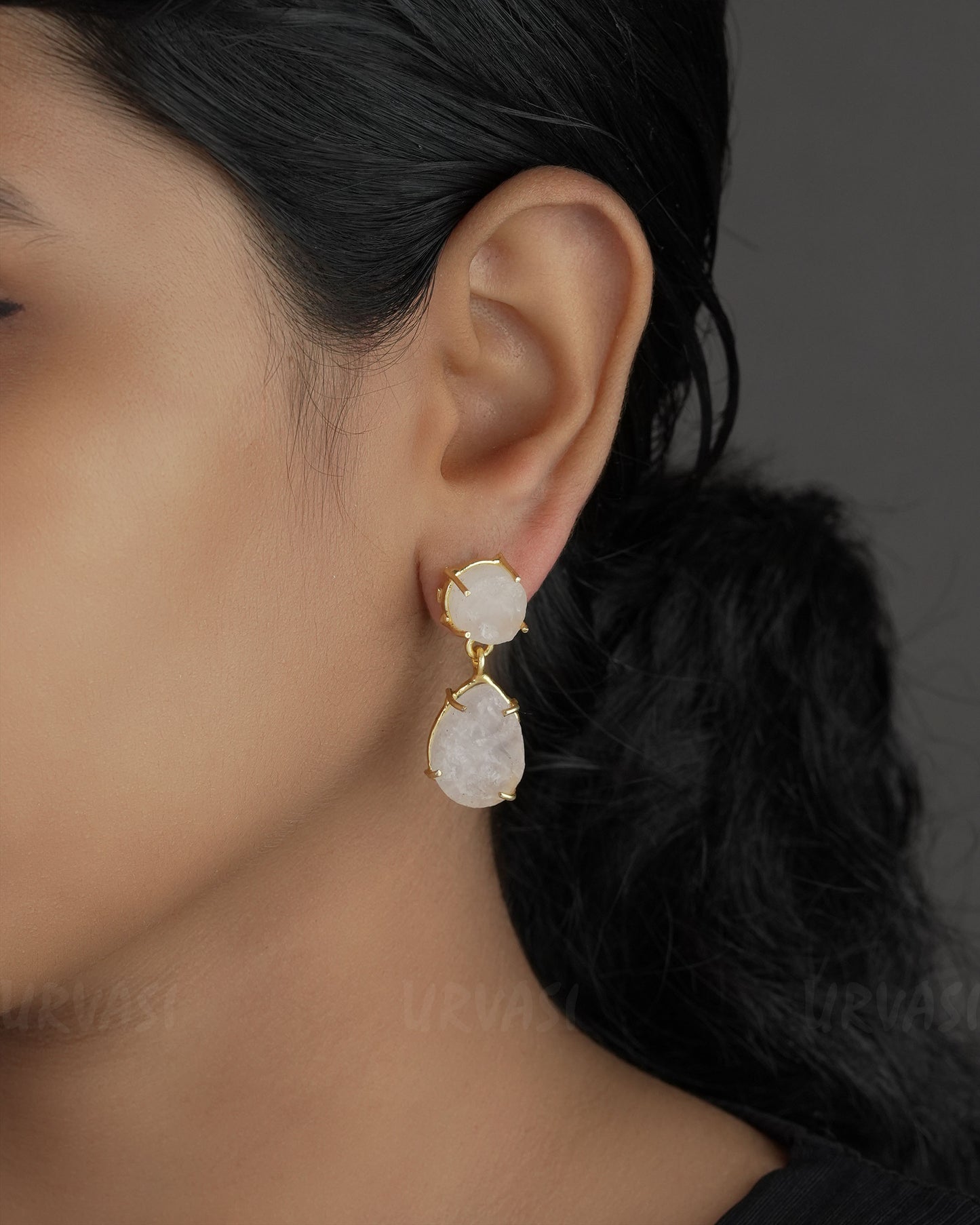 Gold-Toned Raw Stone Tear Drop Brass Earrings ER 718