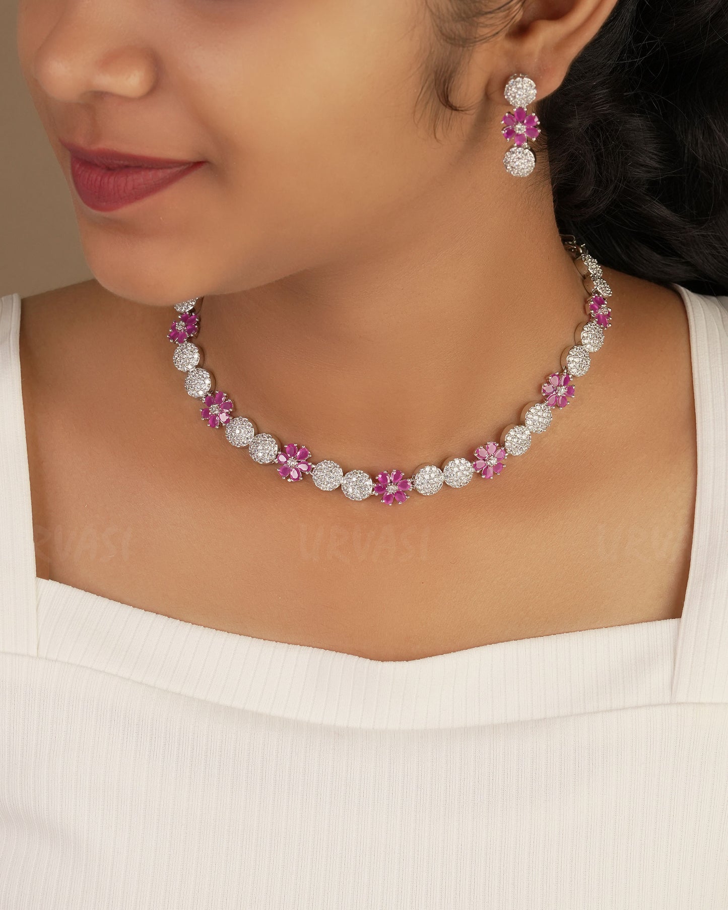 Rhodium Polish Floral AD Necklace 1231