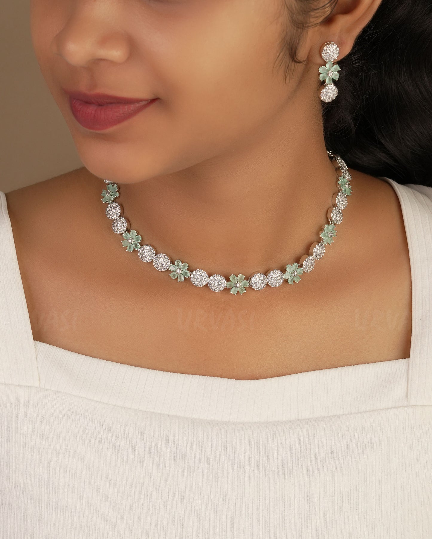 Rhodium Polish Floral AD Necklace 1231