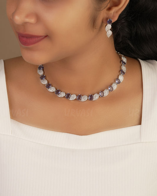 Rhodium Polish Leaf-Designed AD Necklace 1232