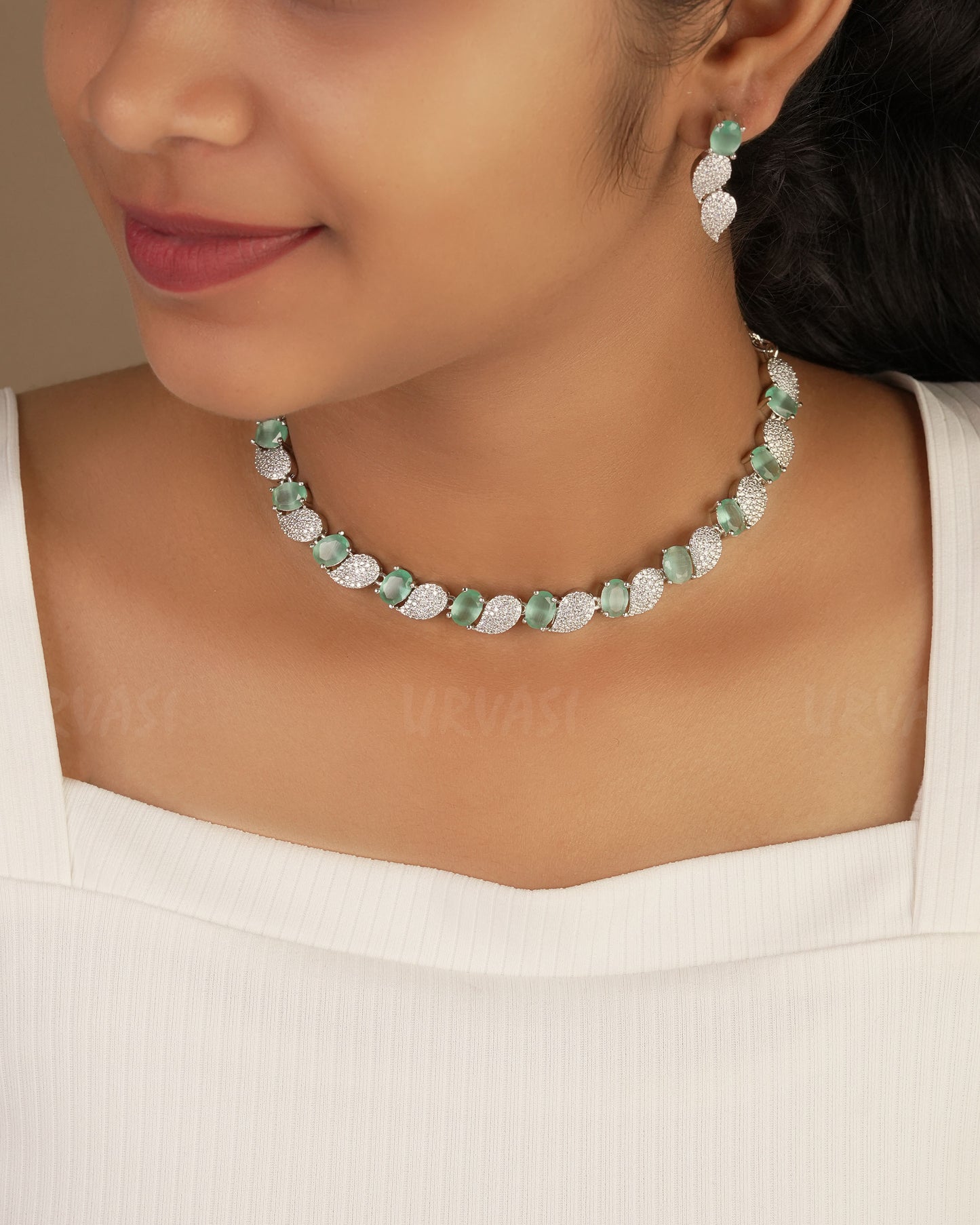 Rhodium Polish Leaf-Designed AD Necklace 1232