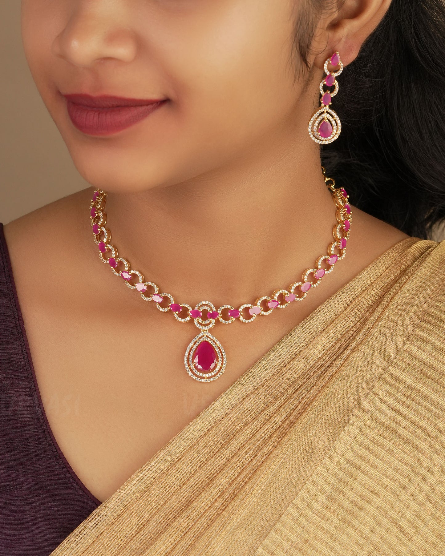 Gold-Polish Tear-Drop AD Necklace  1275