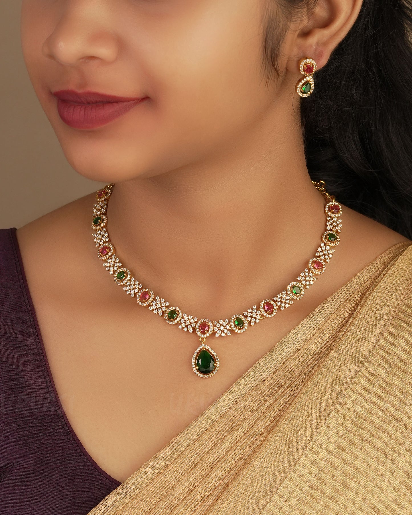 Gold-Polish Stone-Studded Necklace 1246
