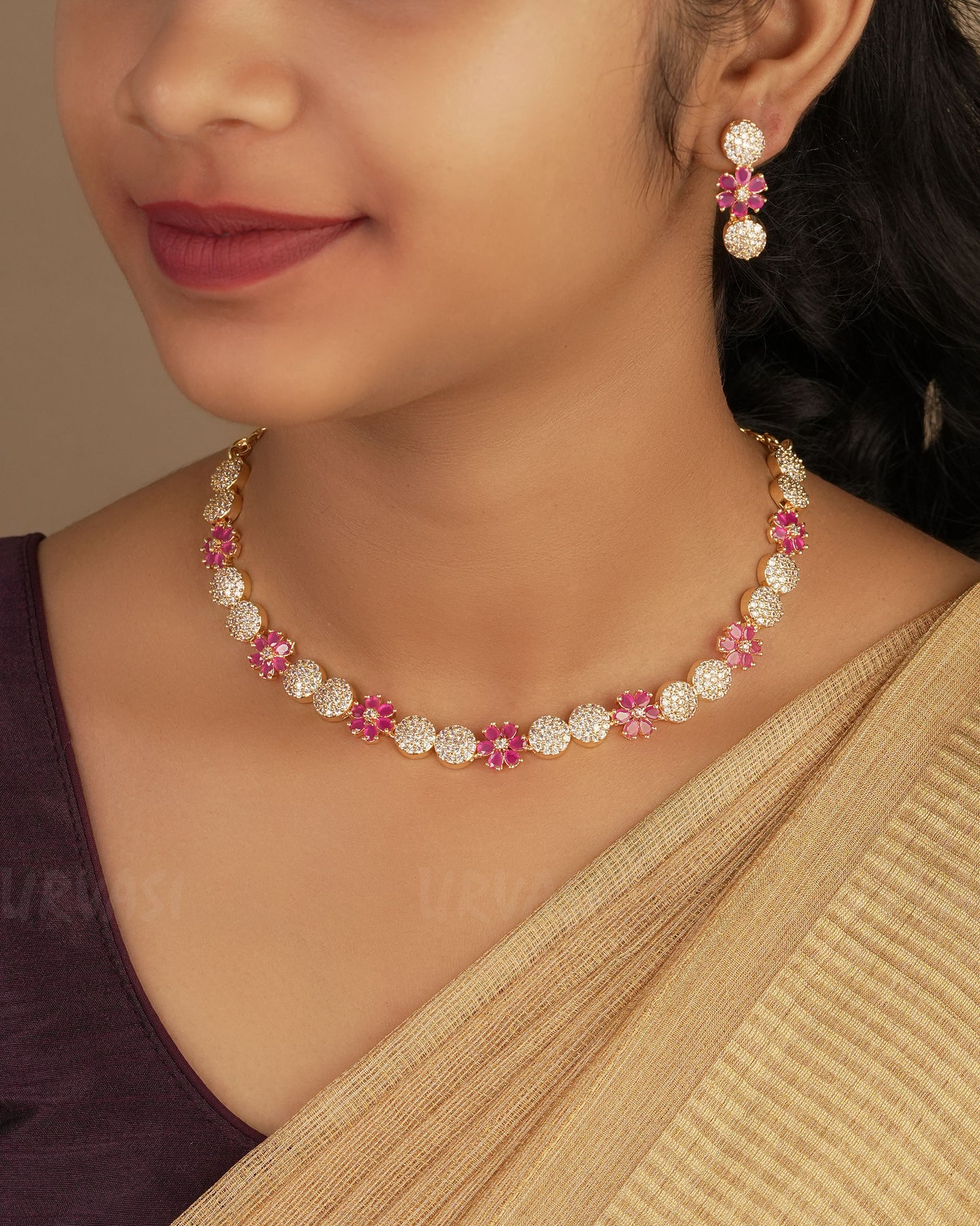 Gold-Polish Floral AD Necklace 1247