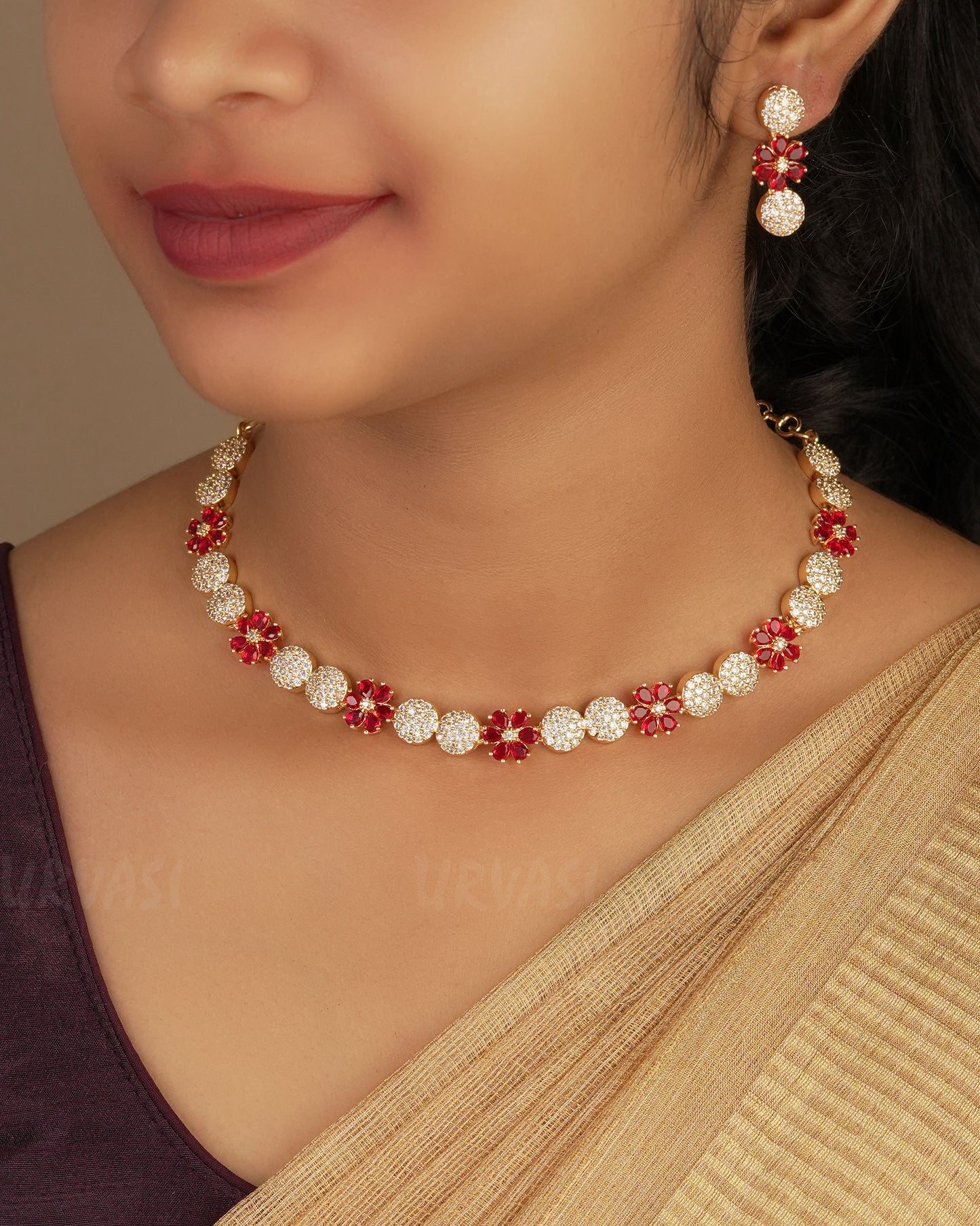 Gold-Polish Floral AD Necklace 1247