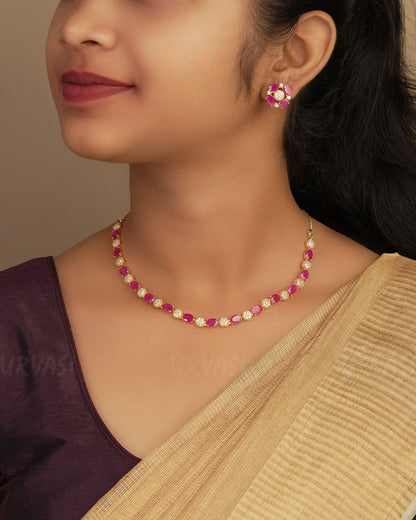 Gold-Polish Stone-Studded Oval Necklace 1249