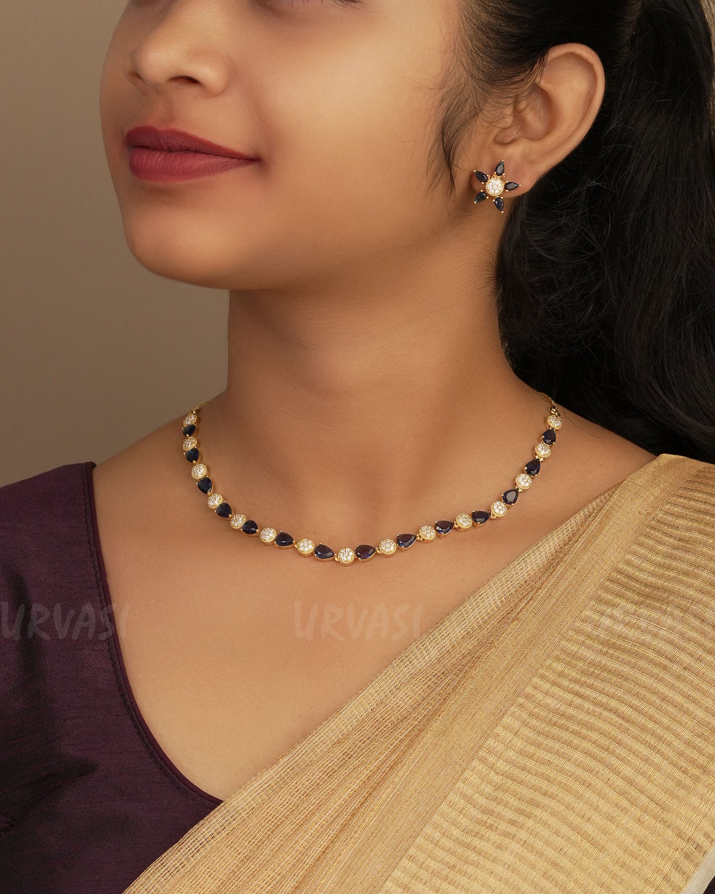 Gold-Polish Rain-Drop Designed AD Necklace 1250