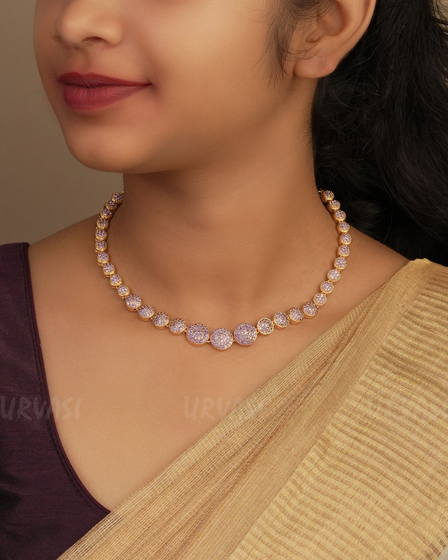 Gold-Polish Round-Stone Necklace 1242