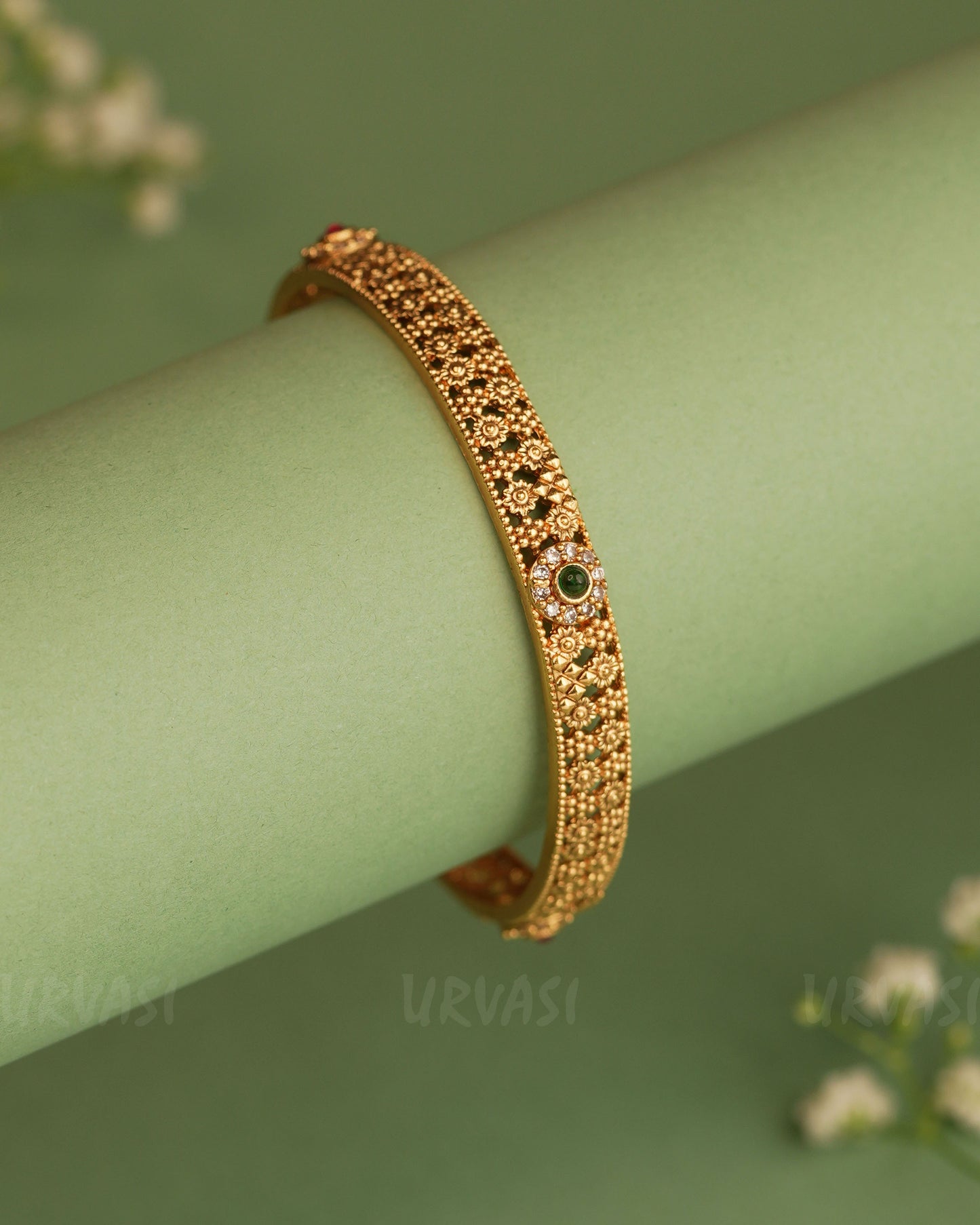 Gold-Toned Floral Ruby and Green Stone Bangles BA 286