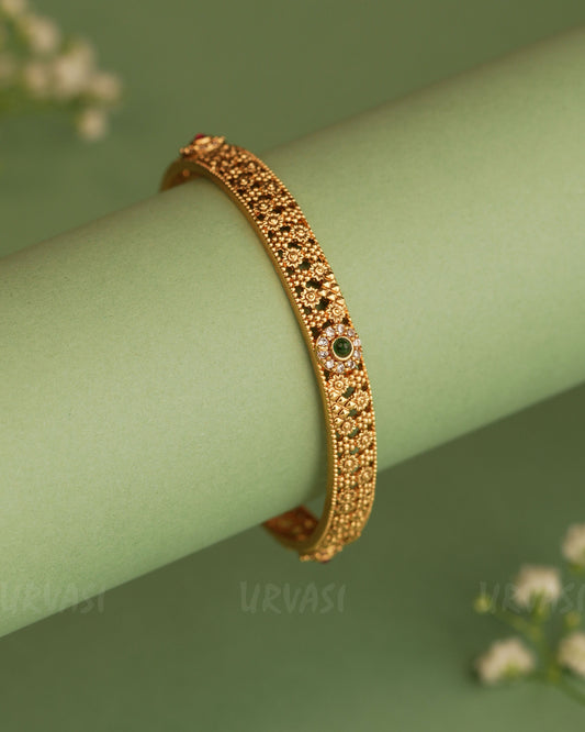 Gold-Toned Floral Ruby and Green Stone Bangles BA 286