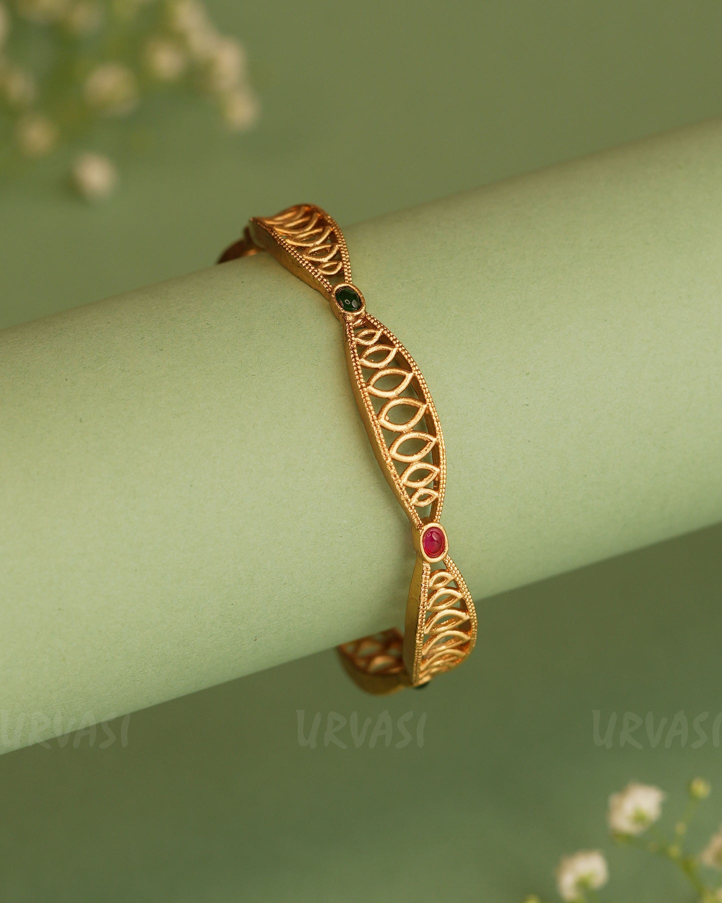 Gold-Toned filigree Designed Ruby Green Bangles BA 305
