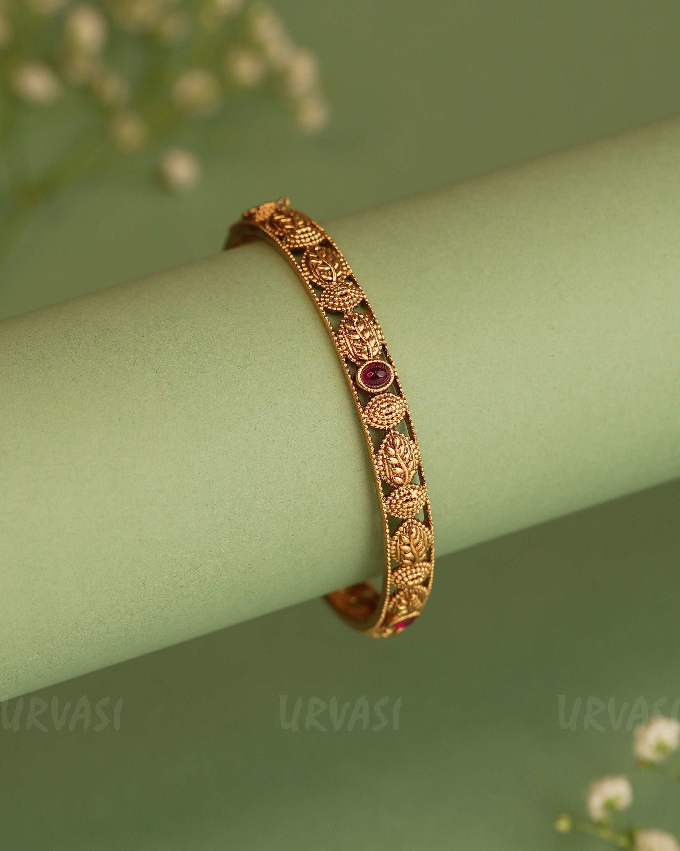Gold-Toned Leaf Motif Ruby Bangle BA 304 – URVASI LADIES NOVELTIES