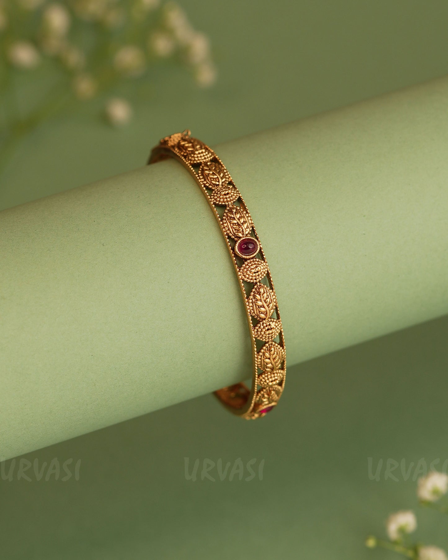 Gold-Toned Leaf Motif Ruby Bangle BA 304