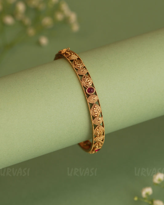 Gold-Toned Leaf Motif Ruby Bangle BA 304