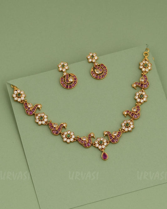 Gold-Toned Peacock X Floral Stone  Necklace 1208
