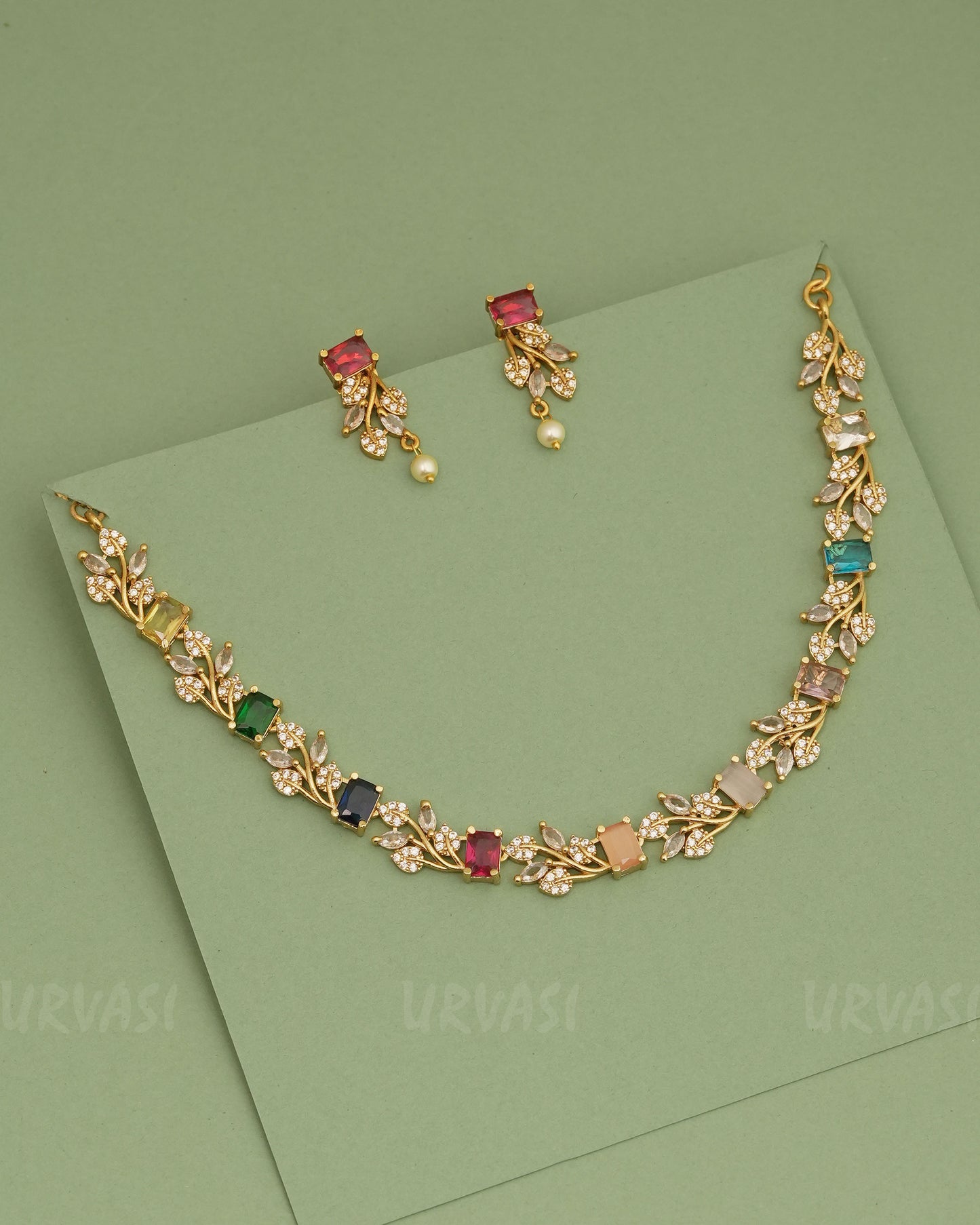 Gold-Polish Leaf Design AD Stone Necklace 251