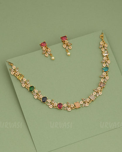 Gold-Polish Leaf Design AD Stone Necklace 251