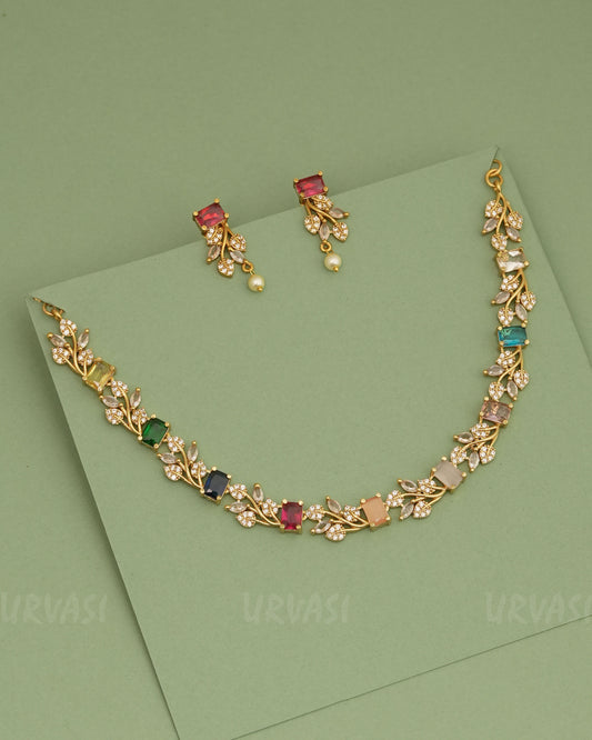 Gold-Polish Leaf Design AD Stone Necklace 251