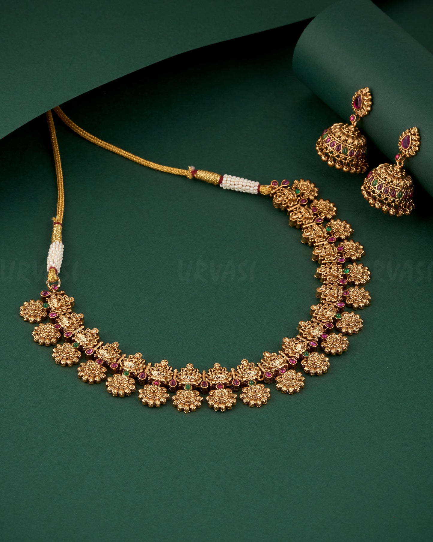 Premium Gold-Polish Lakshmi Floral Necklace 1293