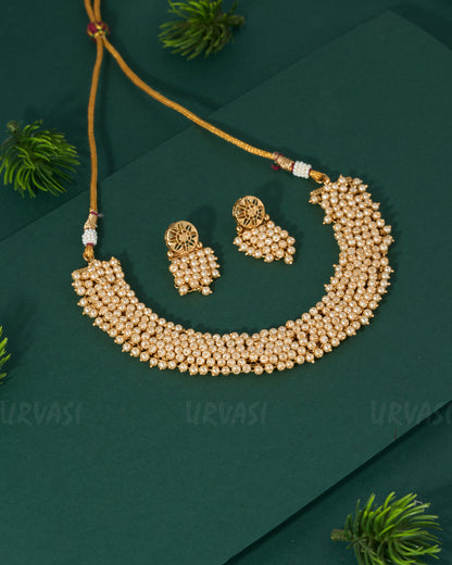 Gold Polish Floral Pearl Necklace 1163