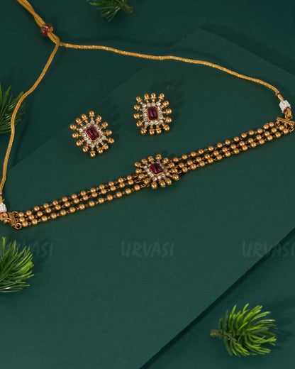 Gold-Polish Three-Layer Floral Choker Necklace 1335