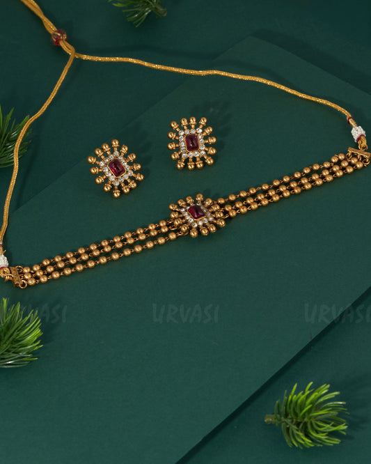 Gold-Polish Three-Layer Floral Choker Necklace 1335