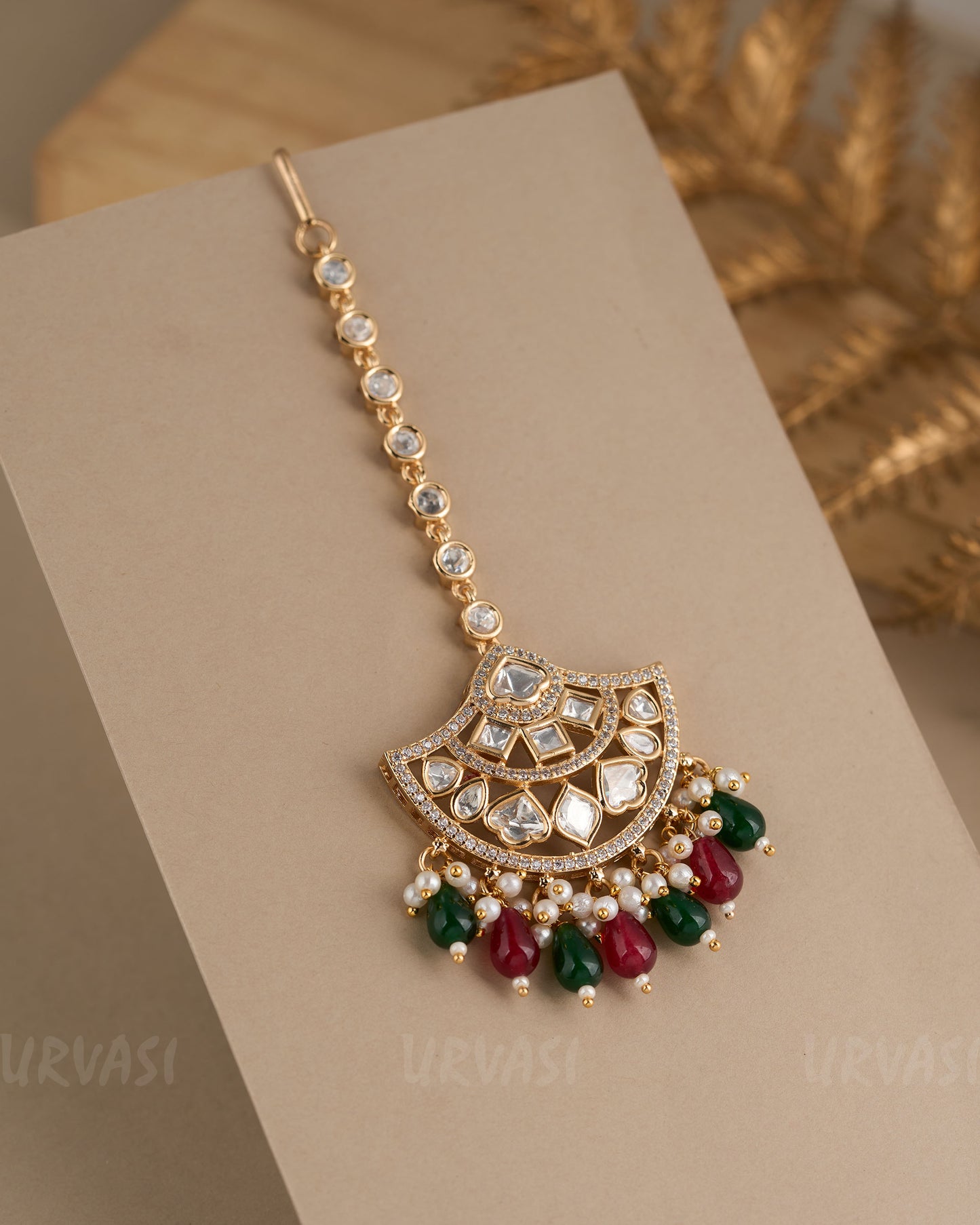 Gold-Toned Crescent Moon Kundan Pearl Hanging Chutty CH 89