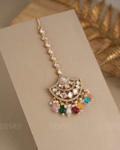 Gold-Toned Crescent Moon Kundan Pearl Hanging Chutty CH 89
