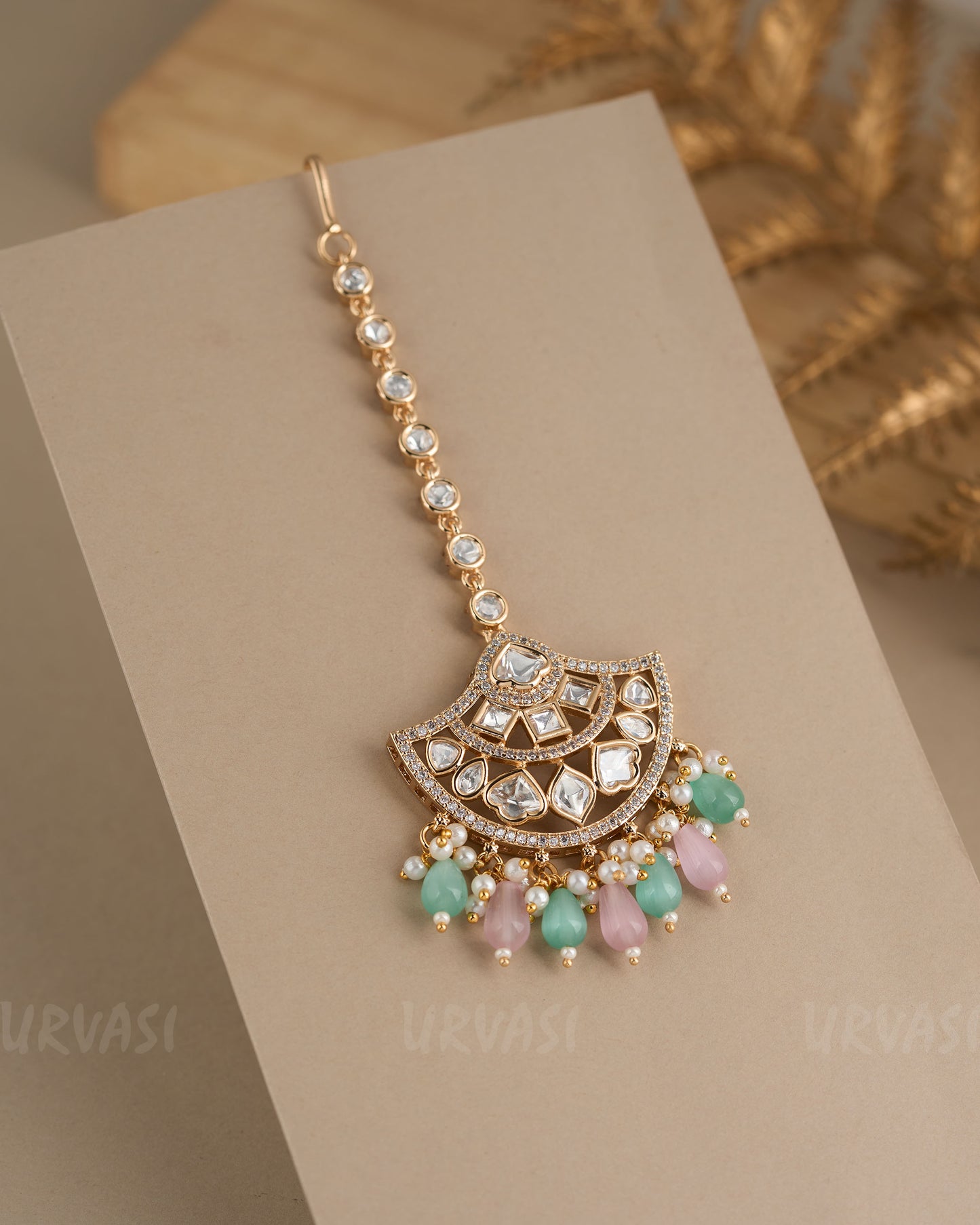 Gold-Toned Crescent Moon Kundan Pearl Hanging Chutty CH 89