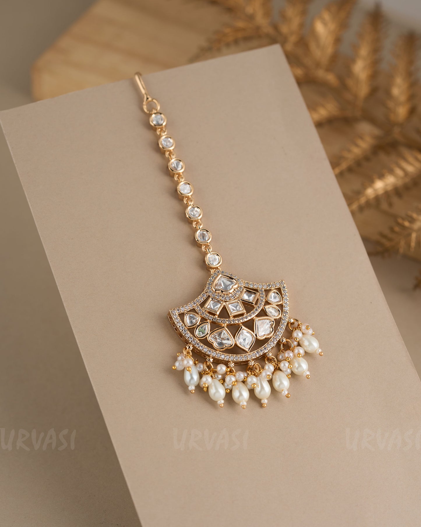Gold-Toned Crescent Moon Kundan Pearl Hanging Chutty CH 89