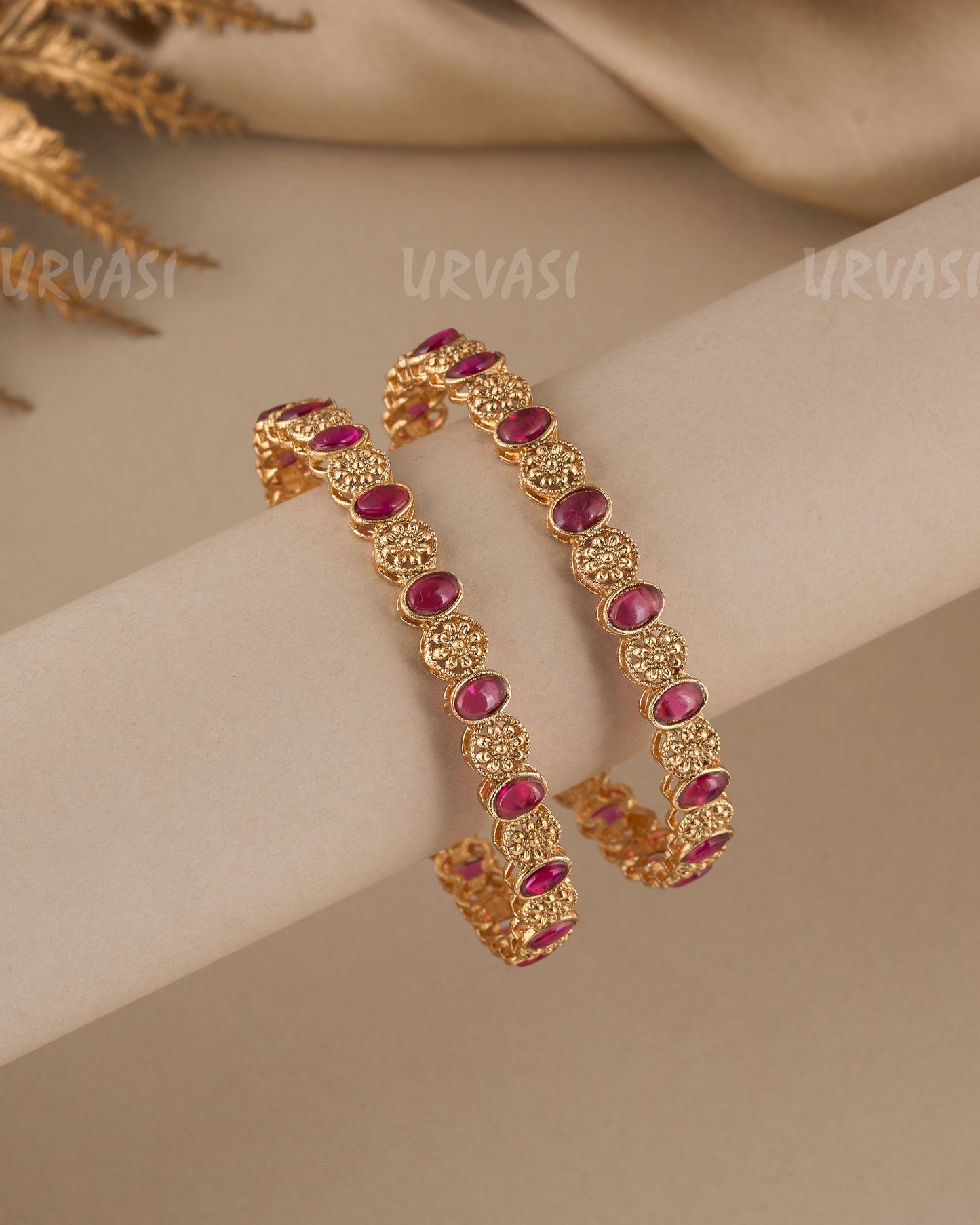 Gold-Toned Floral Stone-Studded bangles BA 388(set of 2)