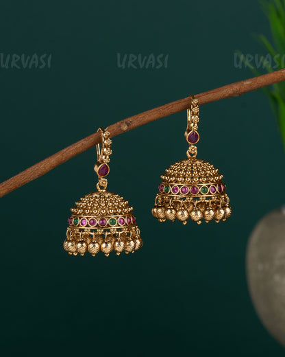 Gold-Toned Floral Beaded Hanging Jhumka Earrings ER 679