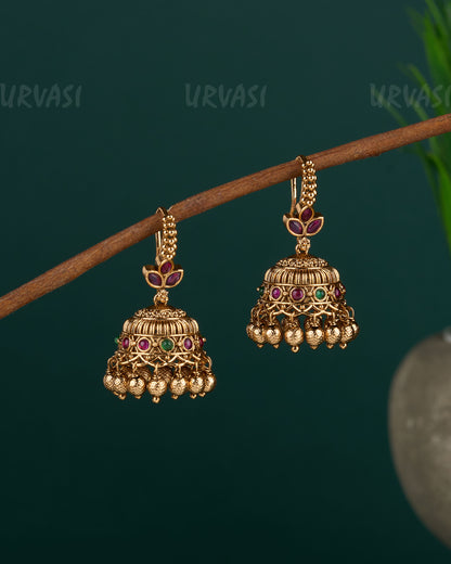 Gold-Toned Leaf-Designed Floral Hanging Jhumka Earrings ER 678