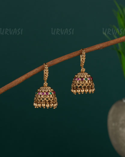 Gold-Toned Floral Simple Hanging Jhumka Earrings ER 677