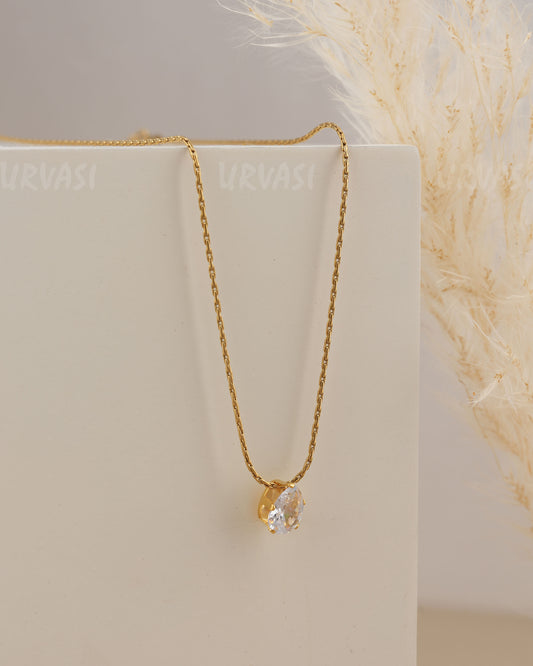 Gold-Toned Oval Solitaire Crystal Pendant Simple Chain SC 200